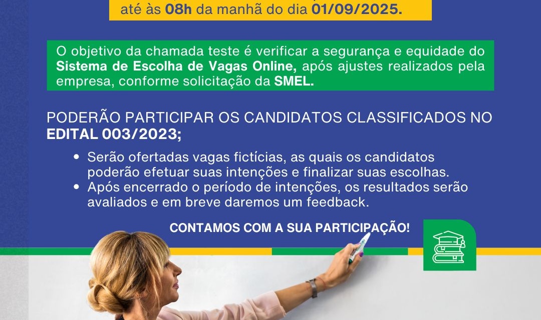 Secretaria da Educação realizará Chamada Teste para Professor Temporário neste final de semana