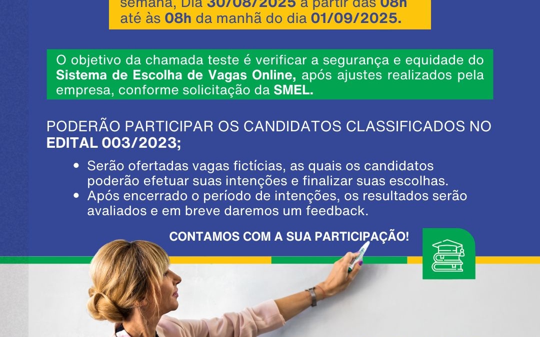 Secretaria da Educação realizará Chamada Teste para Professor Temporário neste final de semana