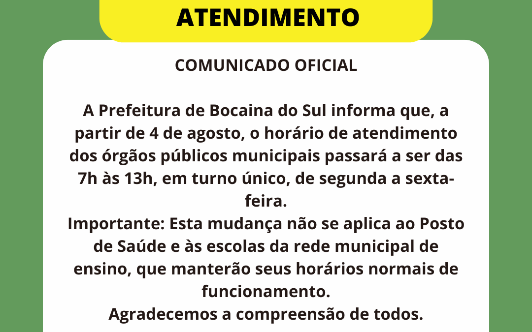 Comunicado oficial: prefeitura de Bocaina do Sul tem novo horário de atendimento