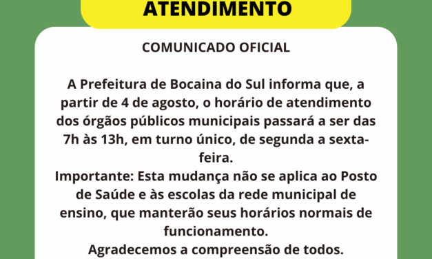 Comunicado oficial: prefeitura de Bocaina do Sul tem novo horário de atendimento