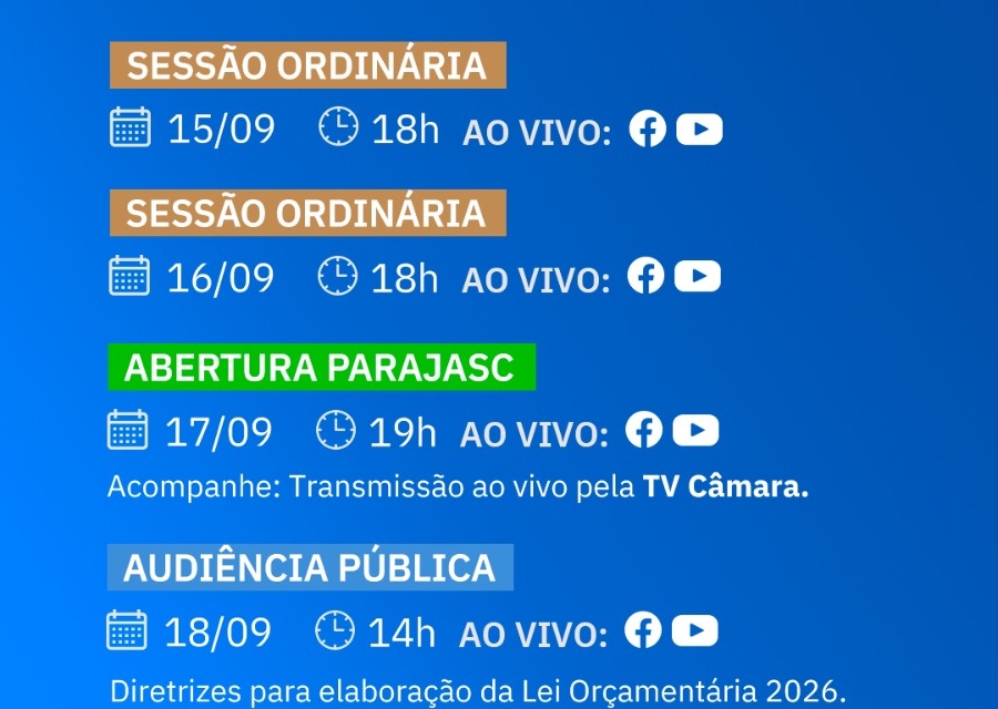 Agenda da semana na Câmara de Lages – 15 a 21 de setembro