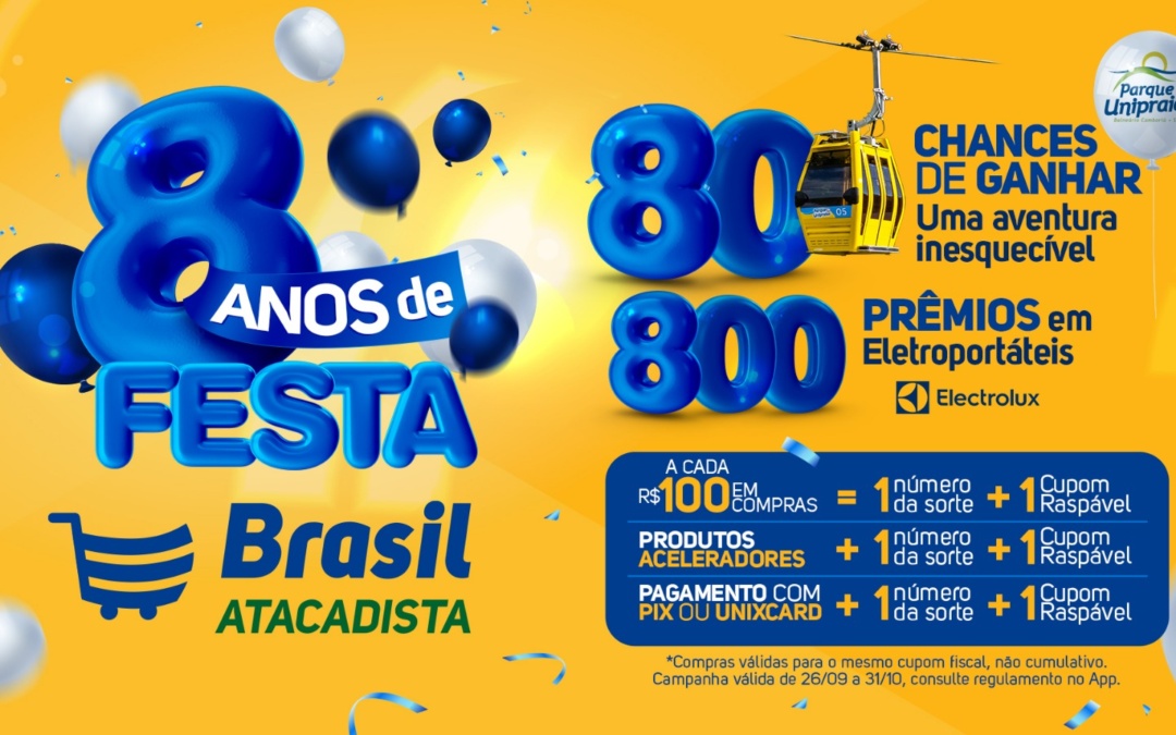 Brasil Atacadista comemora 8 anos com sorteio de 80 aventuras incríveis e 800 eletroportáteis