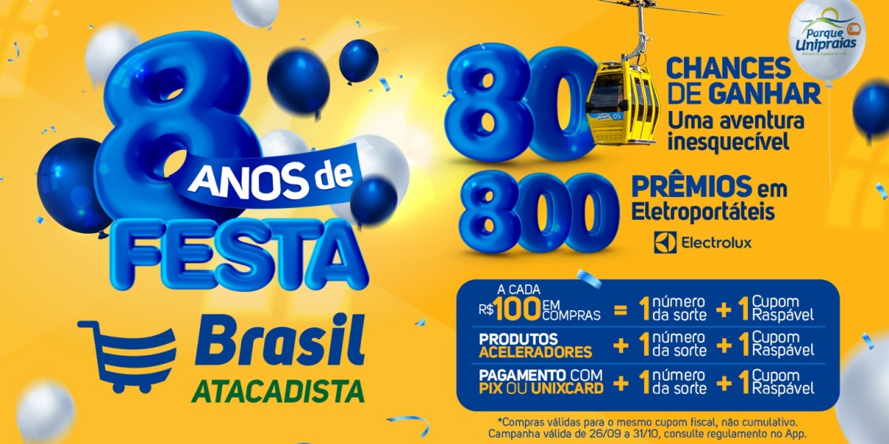 Brasil Atacadista comemora 8 anos com sorteio de 80 aventuras incríveis e 800 eletroportáteis
