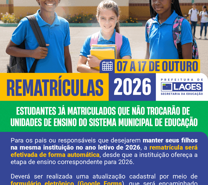 Rematrículas no Sistema Público Municipal de Educação de Lages para 2026 serão efetuadas de 7 a 17 de outubro