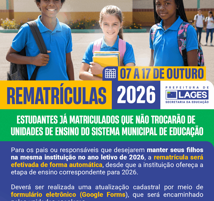 Rematrículas no Sistema Público Municipal de Educação de Lages para 2026 serão efetuadas de 7 a 17 de outubro