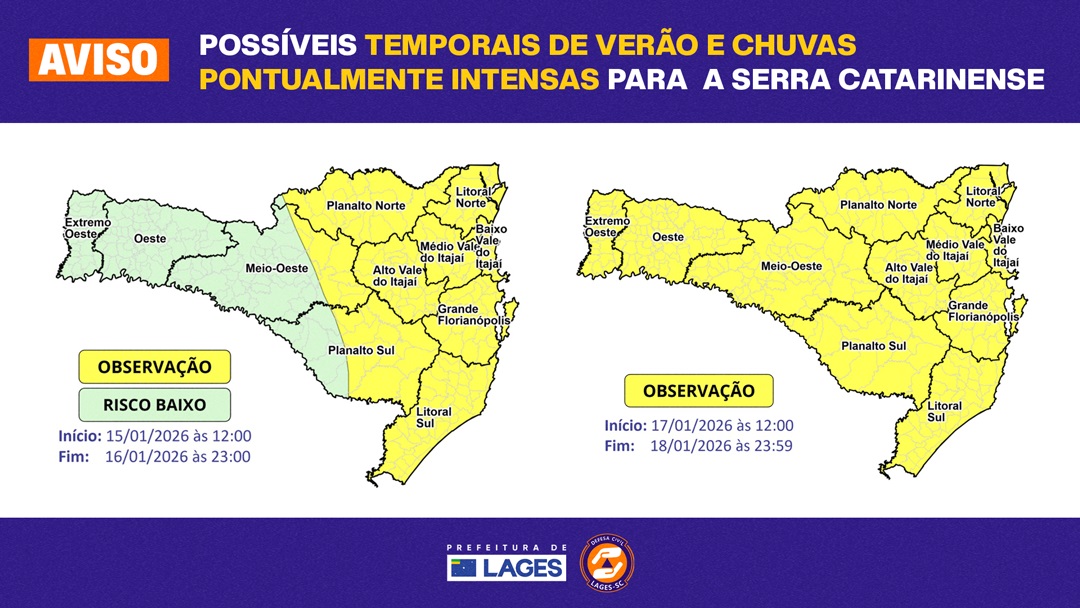 Defesa Civil Municipal monitora avisos sobre possíveis temporais de verão e chuvas pontualmente intensas para a Serra Catarinense nos próximos dias