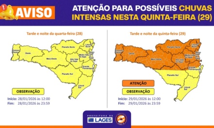 Prefeitura de Lages monitora condições do tempo após avisos da Defesa Civil do Estado para possíveis chuvas intensas e temporais nesta quinta-feira – 29 de janeiro