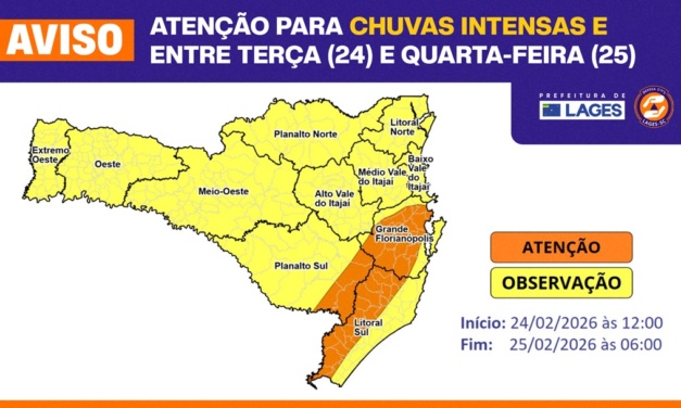 Prefeitura de Lages monitora condições climáticas com avisos da Defesa Civil Estadual para possíveis chuvas intensas nesta terça-feira (24)