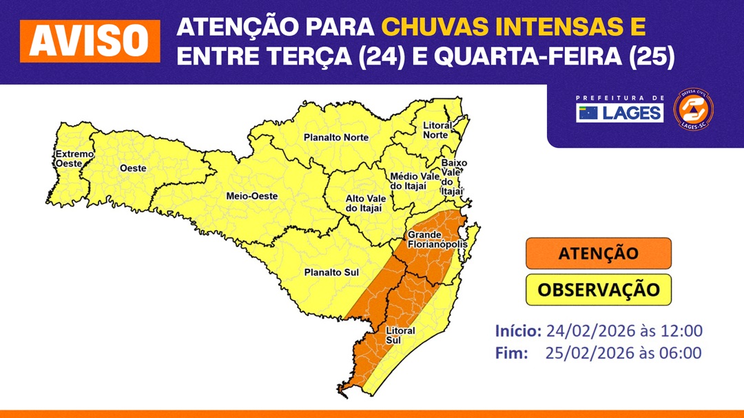 Prefeitura de Lages monitora condições climáticas com avisos da Defesa Civil Estadual para possíveis chuvas intensas nesta terça-feira (24)