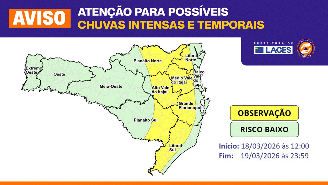 Prefeitura de Lages em atenção por risco moderado de chuvas intensas e temporais de verão nesta quarta e quinta-feira