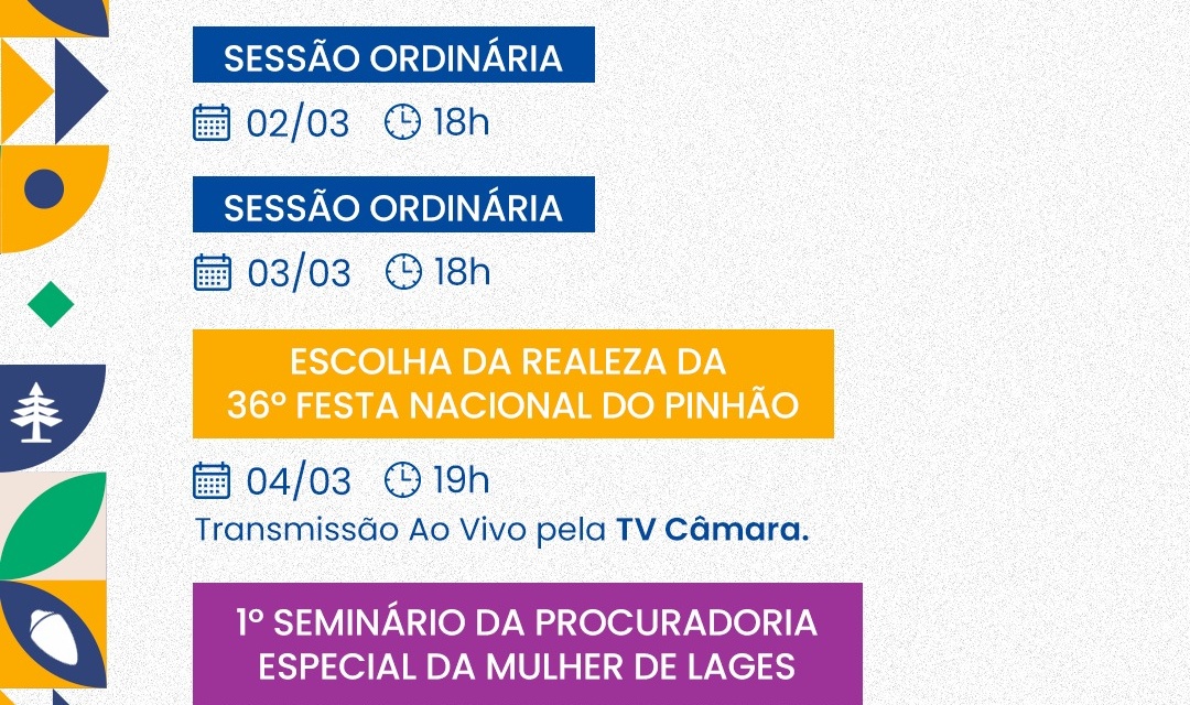 Câmara Lages: agenda da semana na Câmara – 2 a 8 de março